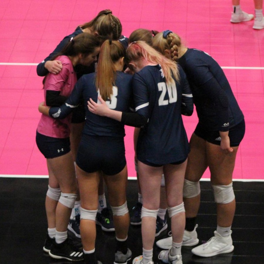 Players from the PV volleyball team huddle up during their semifinal game against Ankeny on Nov. 4, 2020, at the Alliant Energy PowerHouse in Cedar Rapids, IA.