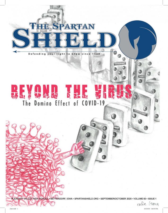 Front cover of the September/October 2020 issue of the Spartan Shield. Drawing by Celia Brown 24