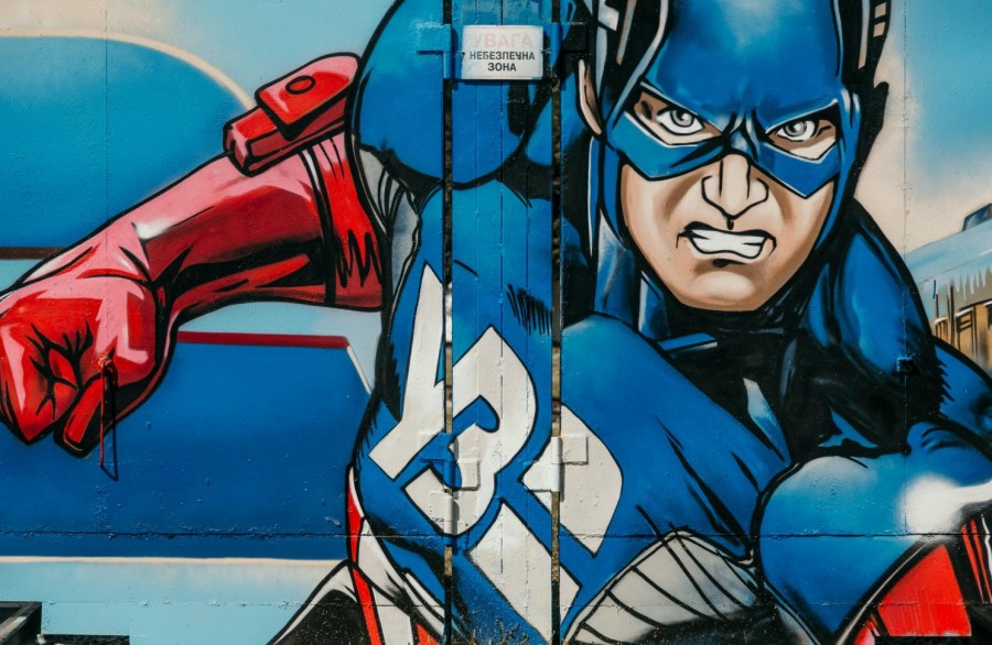 The strong and intense nature of superhero, Captain America painted on a wall.