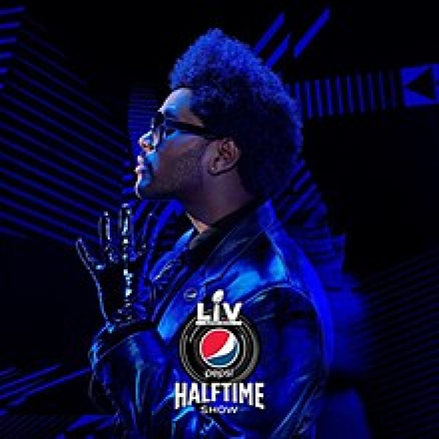 Advertisement for the Super Bowl LV and The Weeknd’s show during halftime. The artist poses in a costume to promote his performance.