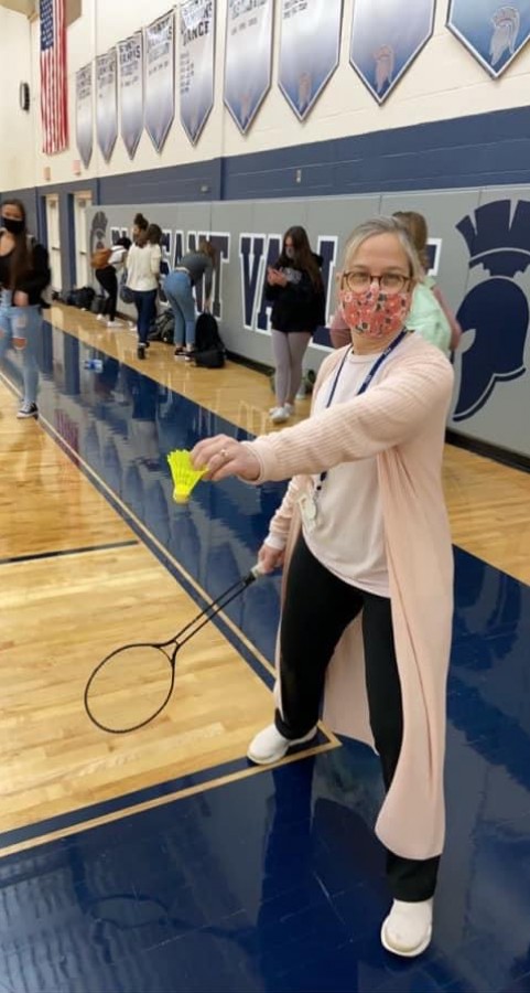 Aimee Peters playing badminton during her prep period to spend more time with her students.
