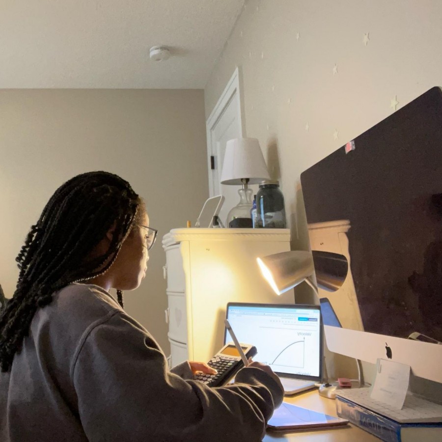 Senior Jordan Mimms uses AP Classroom, a resource provided by the College Board organization, to study for her upcoming AP Physics 1 exam.