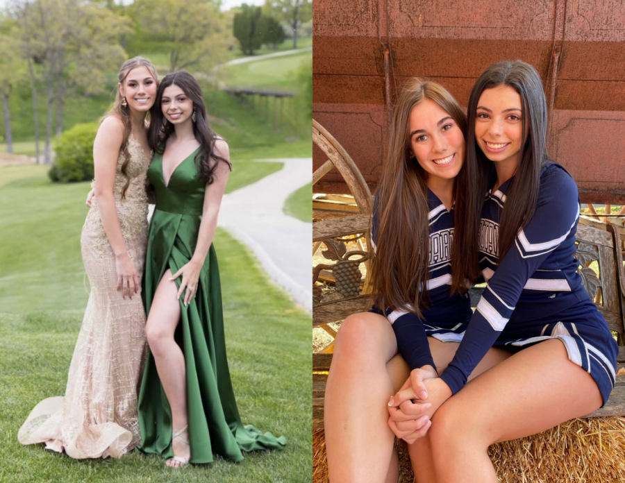 unior Cece Fierce and senior Ceely Patramanis pose in prom dresses and cheer uniforms. 