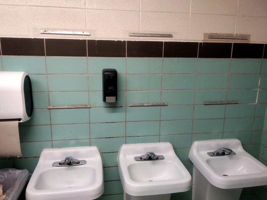 Mirrors are still missing in an upstairs mens bathroom at Pleasant Valley High School.