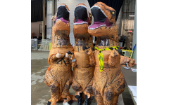 A group of dinosaurs in a Halloween costume contest at the local Storm hockey game this Halloween season.
