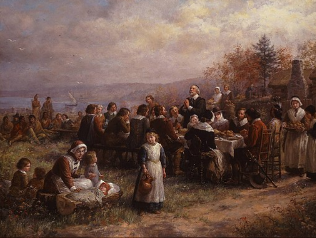 The assumed depiction of the 1925 Thanksgiving celebration in Plymouth, Massachusetts between the Native Americans and pilgrims. 