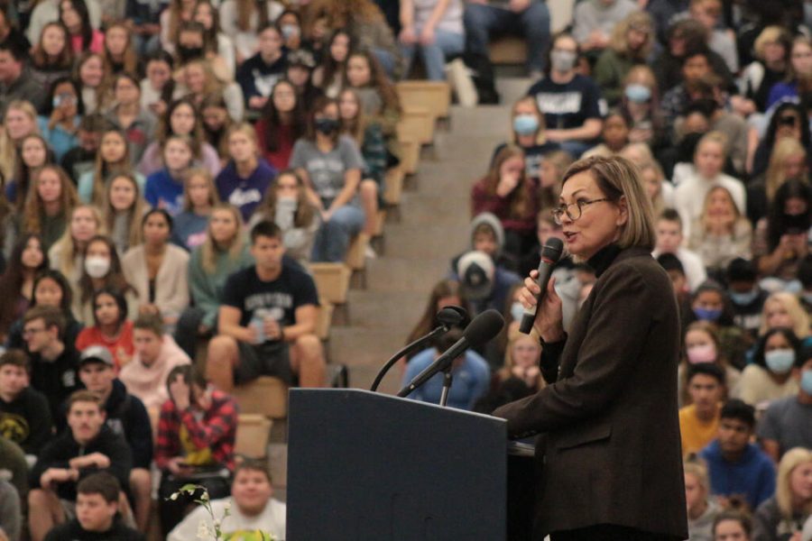 Iowa governor Kim Reynolds addresses PVHS during an assembly on Oct. 15.
