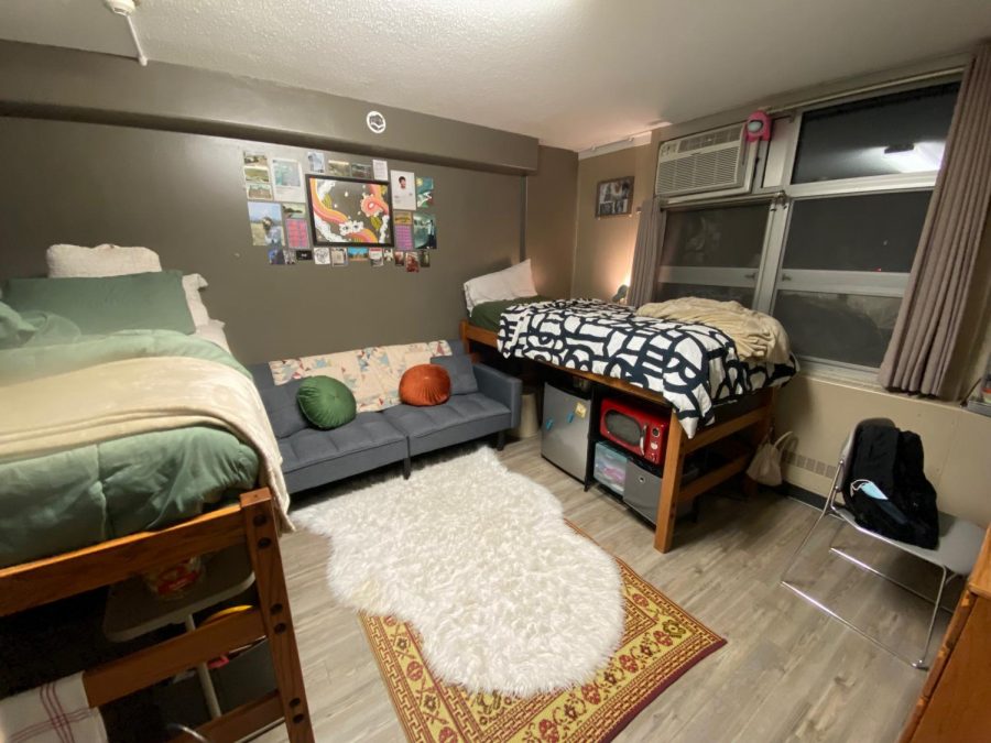 College students Emmie Peters and Muskan Basnet’s dorm at the University of Iowa.