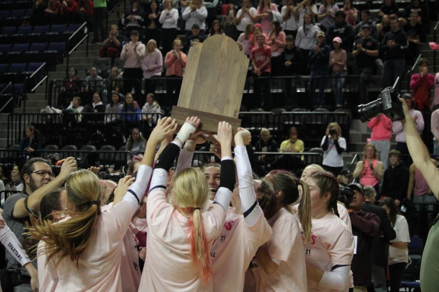 The PV volleyball team boasts their 5A state championship trophy on Thursday, November 4th.  