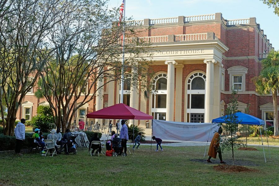 On Nov. 10, people gathered outside of Glynn County Courthouse in Georgia, where the trial of three men for the murder of Ahmaud Arbery was set to take place.