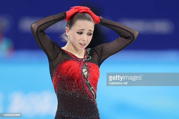 BEIJING, CHINA - FEBRUARY 07: Kamila Valieva of Team ROC reacts during the Women Single Skating Free Skating Team Event on day three of the Beijing 2022 Winter Olympic Games at Capital Indoor Stadium on February 07, 2022 in Beijing, China. (Photo by Catherine Ivill/Getty Images)