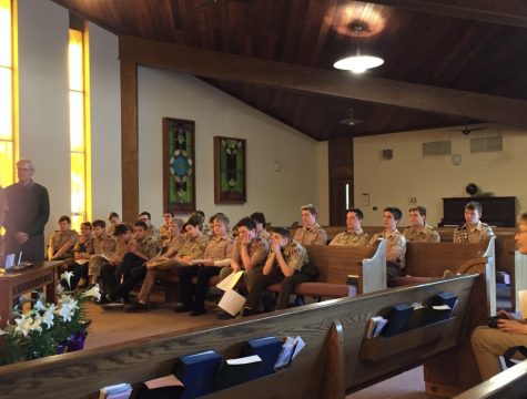 Scouts from troop 46 attending an Eagle Scout Ceremony at First Presbyterian Church in LeClaire.