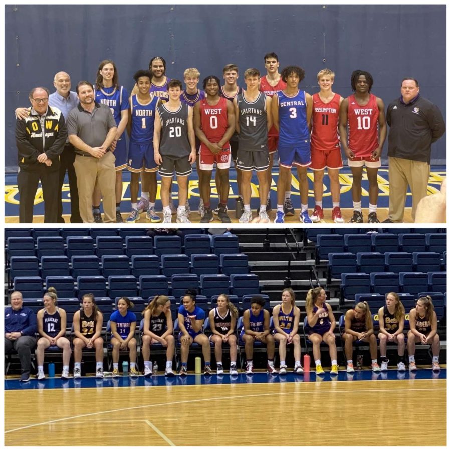 Seniors Ryan Dolphin, Joe Lawlor, Addie Kerkhoff and Megan Schiltz compete in the 2022 Iowa versus Illinois all-star basketball games.