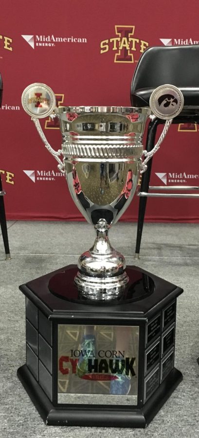 Pictured+is+the+Cy-Hawk+trophy+that+Iowa+and+Iowa+State+compete+for+annually+in+sports+competitions+against+one+another.