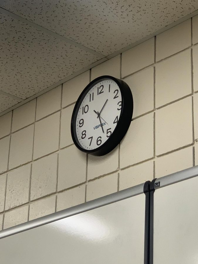 Pictured above is a clock in a Scott Community College classroom after Daylight Savings. 
