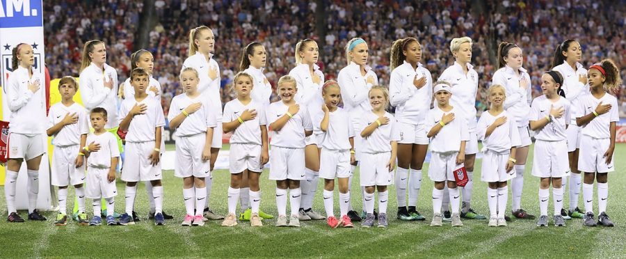 US Women’s national team standing for the national anthem before a match.