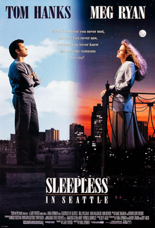 The poster of Sleepless in Seattle, starring Tom Hanks and Meg Ryan, is seen from its 1993 theatrical release showcasing the stark contrasts in their lives before they meet. 
Source: tristar Pictures
