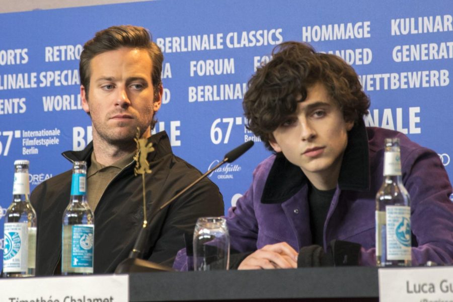 Chalamet and his costar, Armie Hammer, sit at a press conference for their film “Call Me by Your Name”
