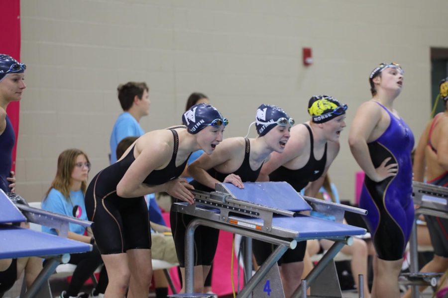 Teammates, Lauren Kathan and Cait Quinn, cheer while a member of their 400 freestyle relay races.