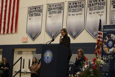 Governor Reynolds spoke at Pleasant Valley High School in October of 2021, six months before she passed the Students First Act, which many educators feel is an attack on public education.