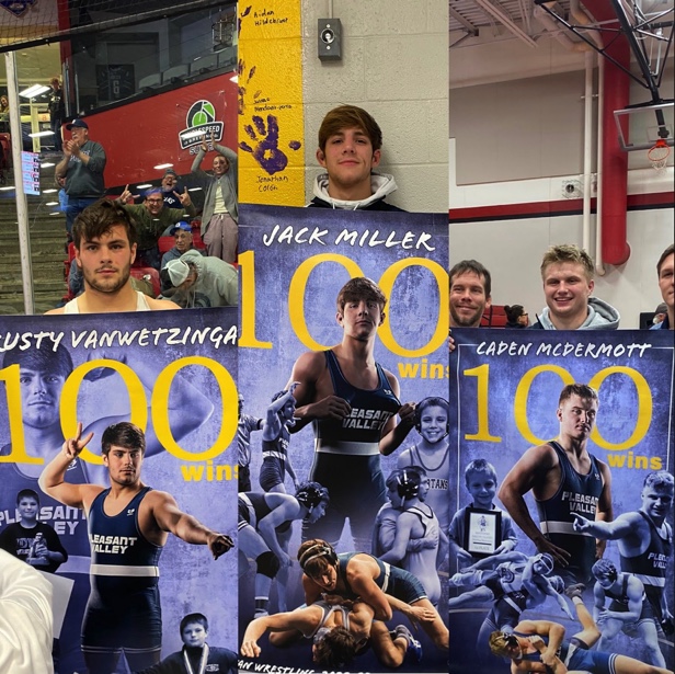 Seniors Rusty VanWetzinga, Jack Miller and Caden McDermott have earned 100 wins each during their careers at PVHS. 
