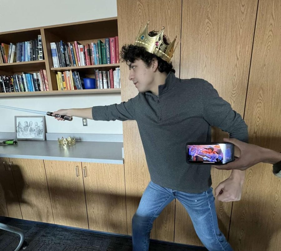 Senior Nikhil Ramaraju is captured in the moment as he replicates his favorite scene from Puss in Boots: The Last Wish (2022).