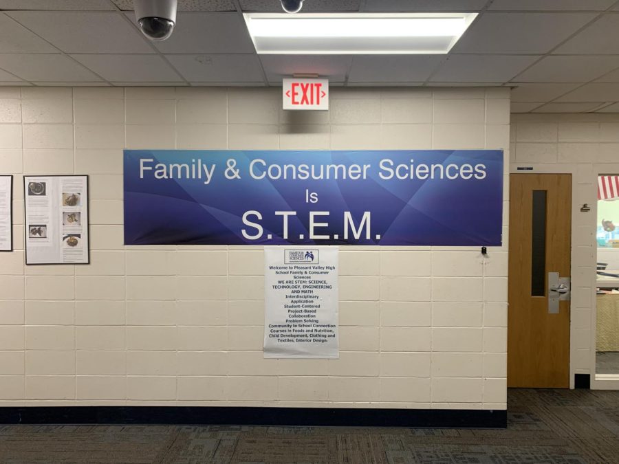 A banner near family and consumer sciences rooms at Pleasant Valley high school.