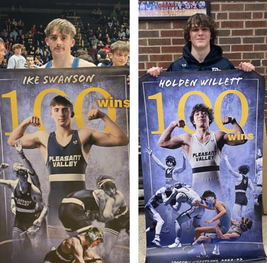 Seniors Ike Swanson and Holden Willett have earned their 100 wins for their career at PVHS and were presented with a poster. 
