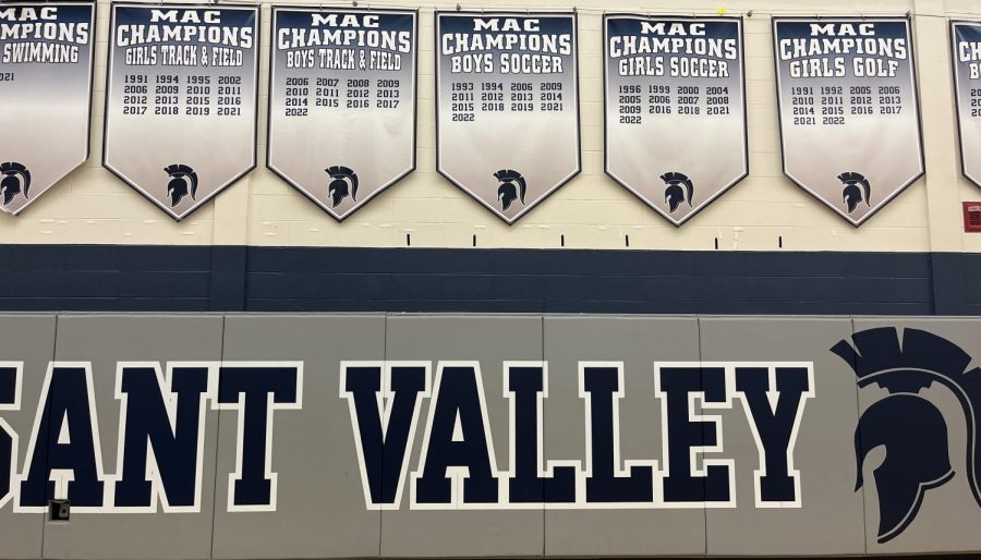 Pleasant Valley flags are proudly displaced in the main gym showing the success in all sports throughout the years. 