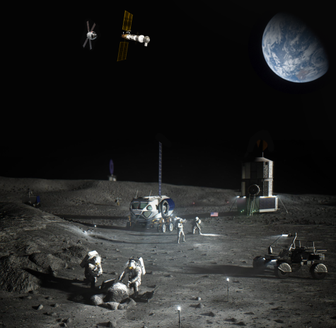 NASA hopes to set up camp on the Moons surface, given that all of the Artemis missions go as planned. (Moon rendering credit via NASA, Wikipedia)