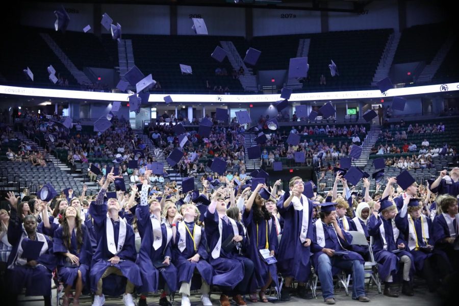The PV class of 2023 tosses their caps in celebration of a successful year.