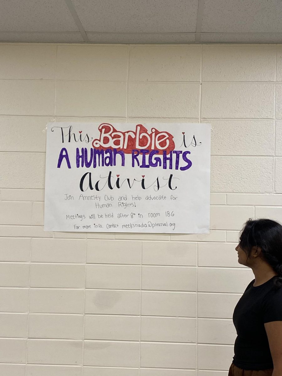  Pleasant Valley junior, Swetha Narmeta, reads poster for Amnesty International Club. The organization and club fight for human rights causes, including feminist causes.
