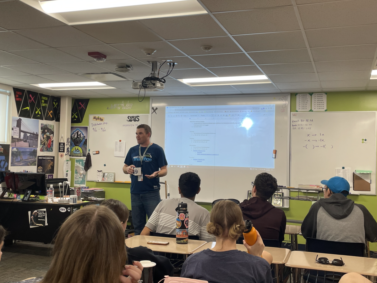 PV Teacher Nick Sacco teaching Statistics, a dual enrollment class offered by Scott Community College that is taught at PV.
