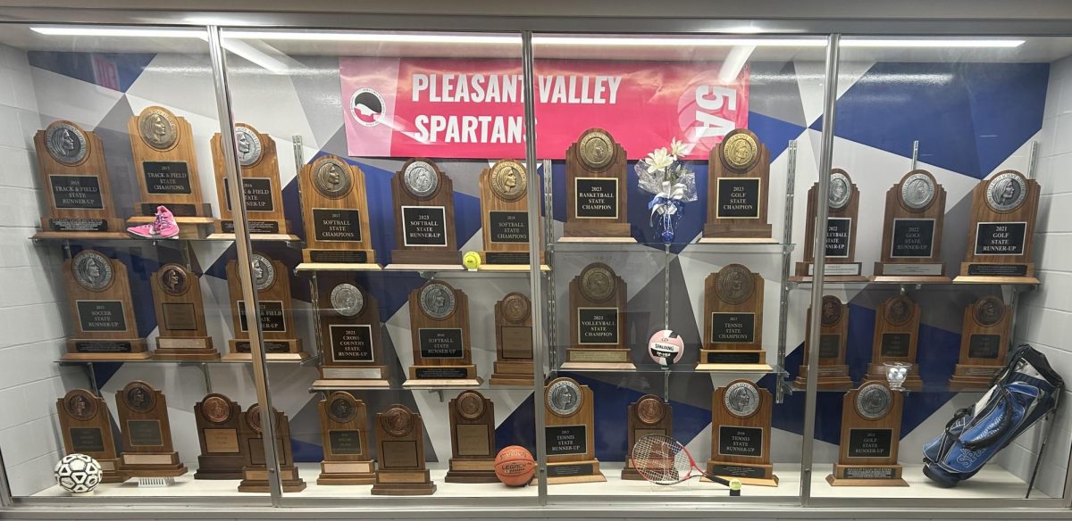 PV girls state trophy case located outside the pool lobby. 
