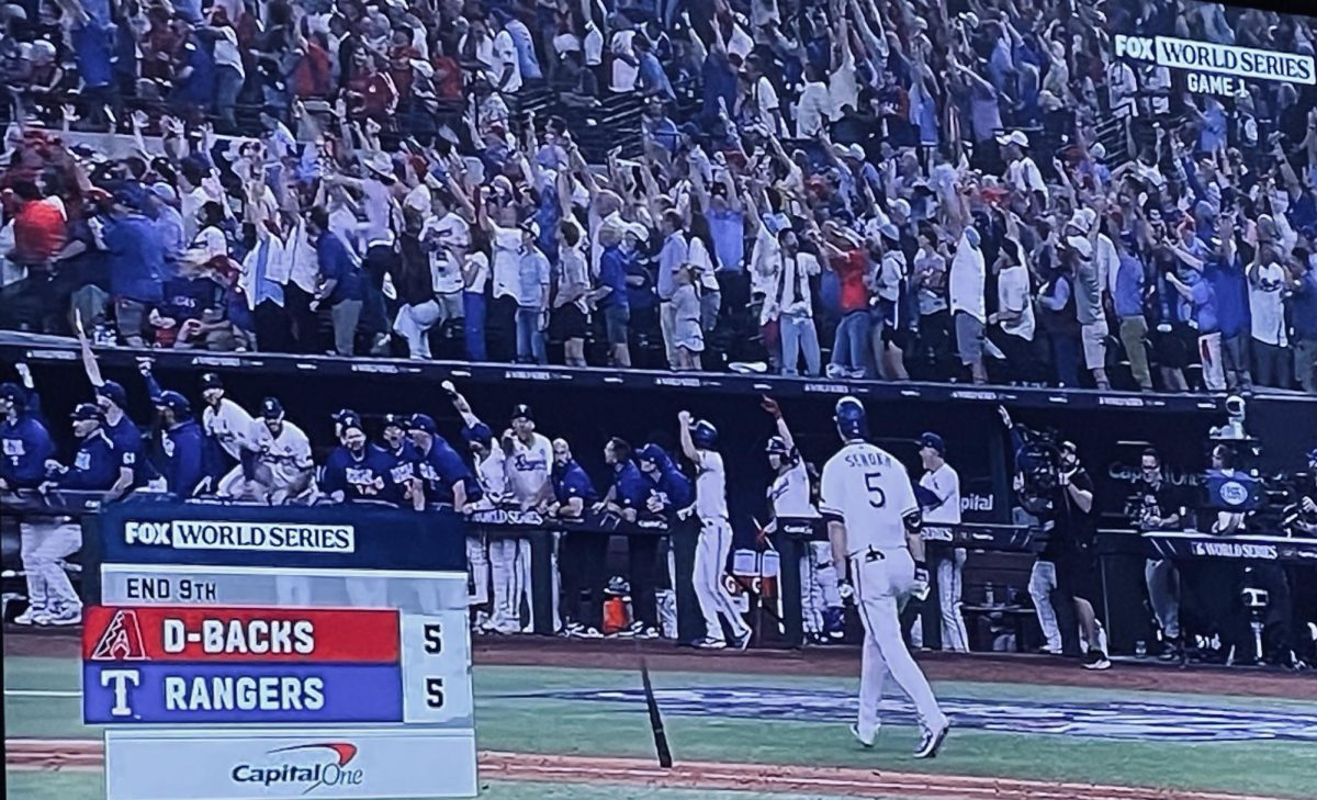 Corey Seager celebrates after game tying home run in game one of the World Series on Oct 27, 2023.