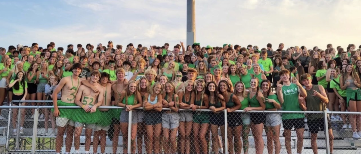 PV student section at a green-out football game. Photo credit to: Gracie Collins