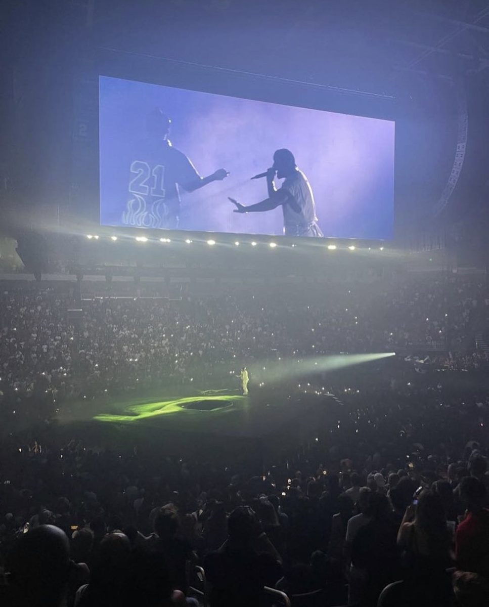 Thousands attend a live concert by popular rapper and songwriter Drake.
