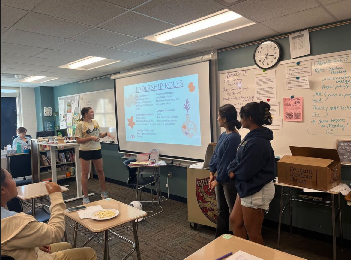 An Amnesty Club meeting in session led by Swetha Narmeta, Nadia Meeks and Grace Marie Schmidt. Amnesty Club hopes to spread information and promote change for societal problems. Photo credit to Prerna