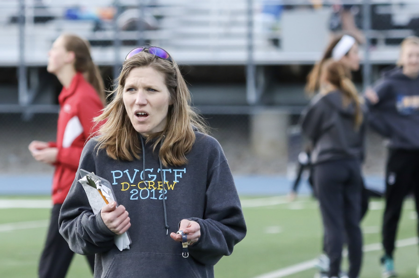 Jane Wheeler coaches at PV girls track meet. She is now seen head coaching the PV girls cross country team. Photo credit to Jane Wheeler.
