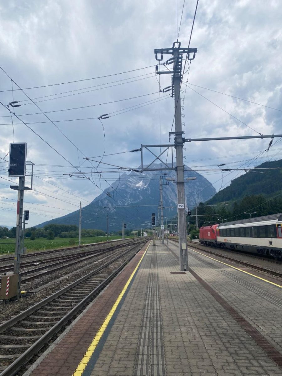 Austrian railway service OBB Trains stops at a railway station in the city of Stainach-Irdning, Austria. Photo credit to Achinteya Jayaram.
