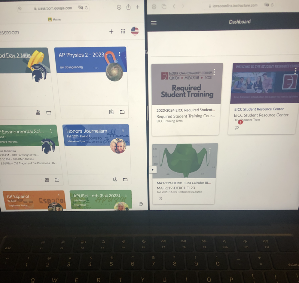 A student with both the home-page of Google Classroom and the home-page of Canvas open on their computer.