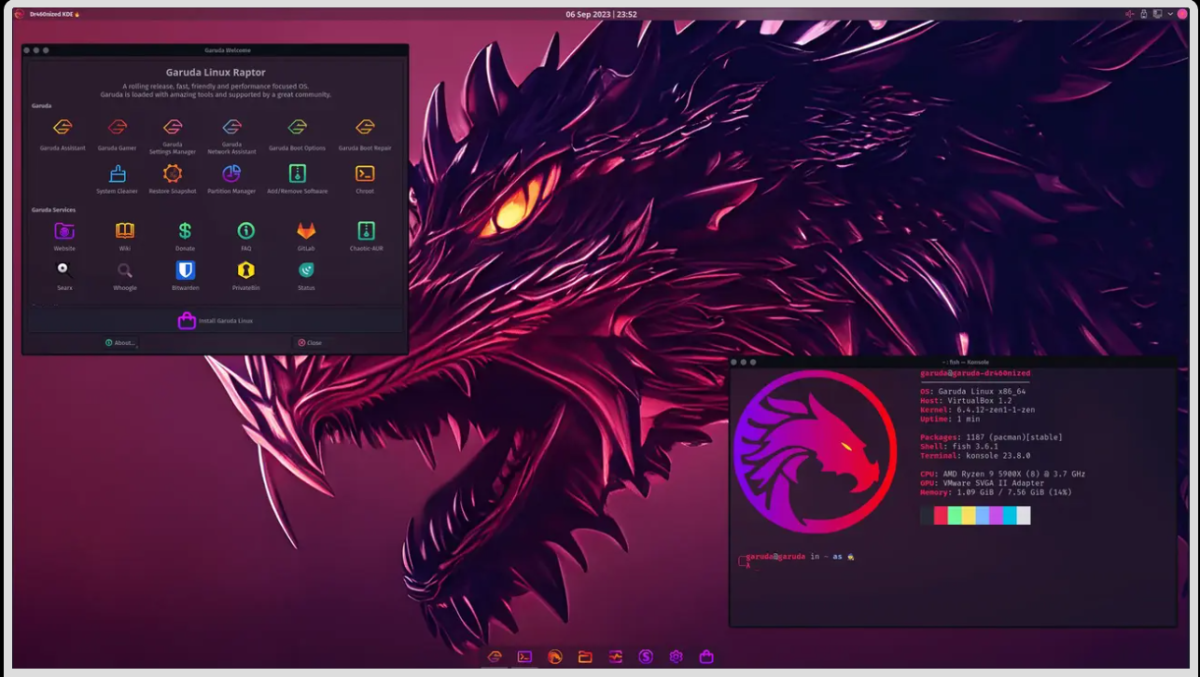 Garuda Linux dr460nized offers a very unique dark and blurry desktop environment
