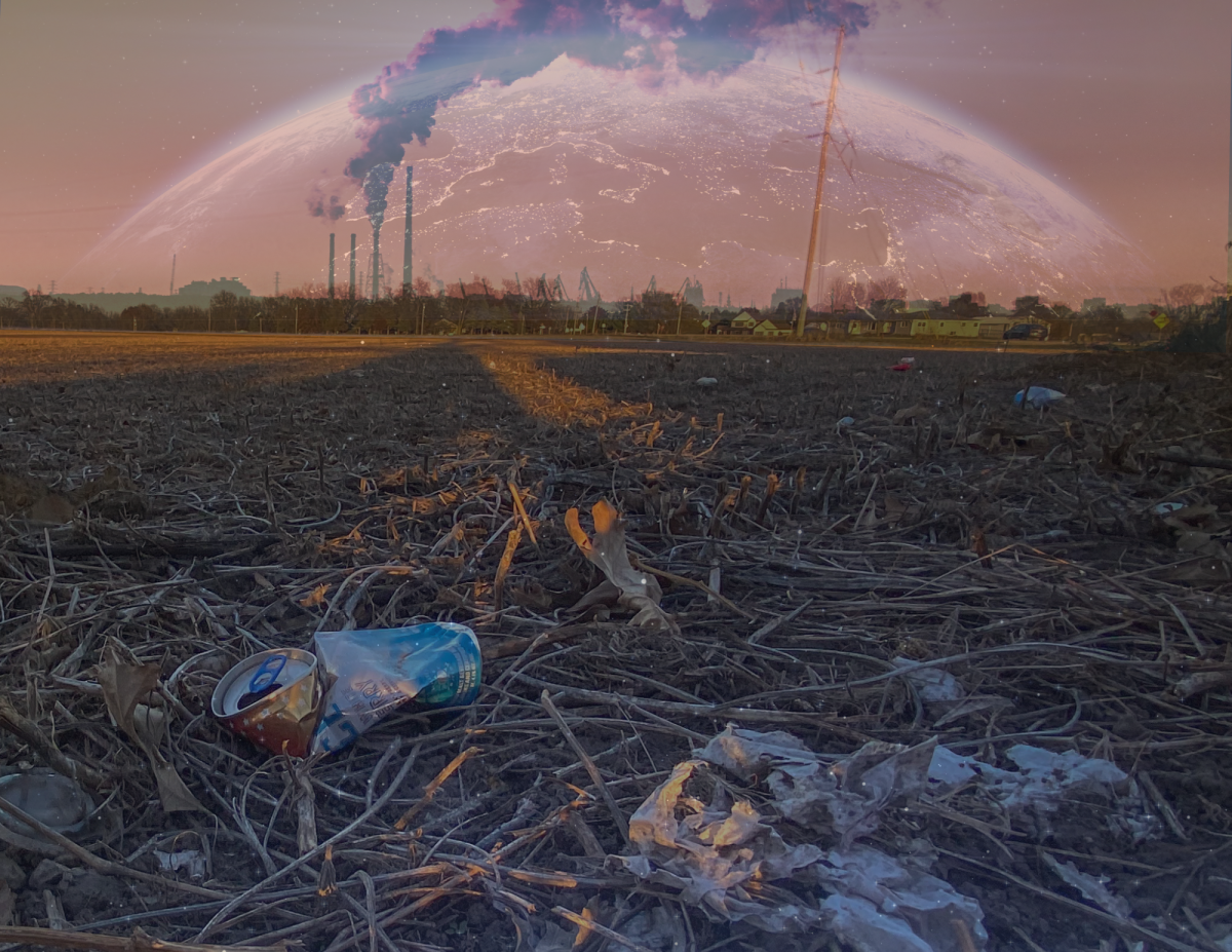 A harvested and disregarded Iowa field is edited under graphics of a fossil fuel plant and a globe. Critical environmental and climate action must be taken internationally, acknoweldging that what is impacting areas of the United States is also impacting much more vulnerable nations of the developing world.
