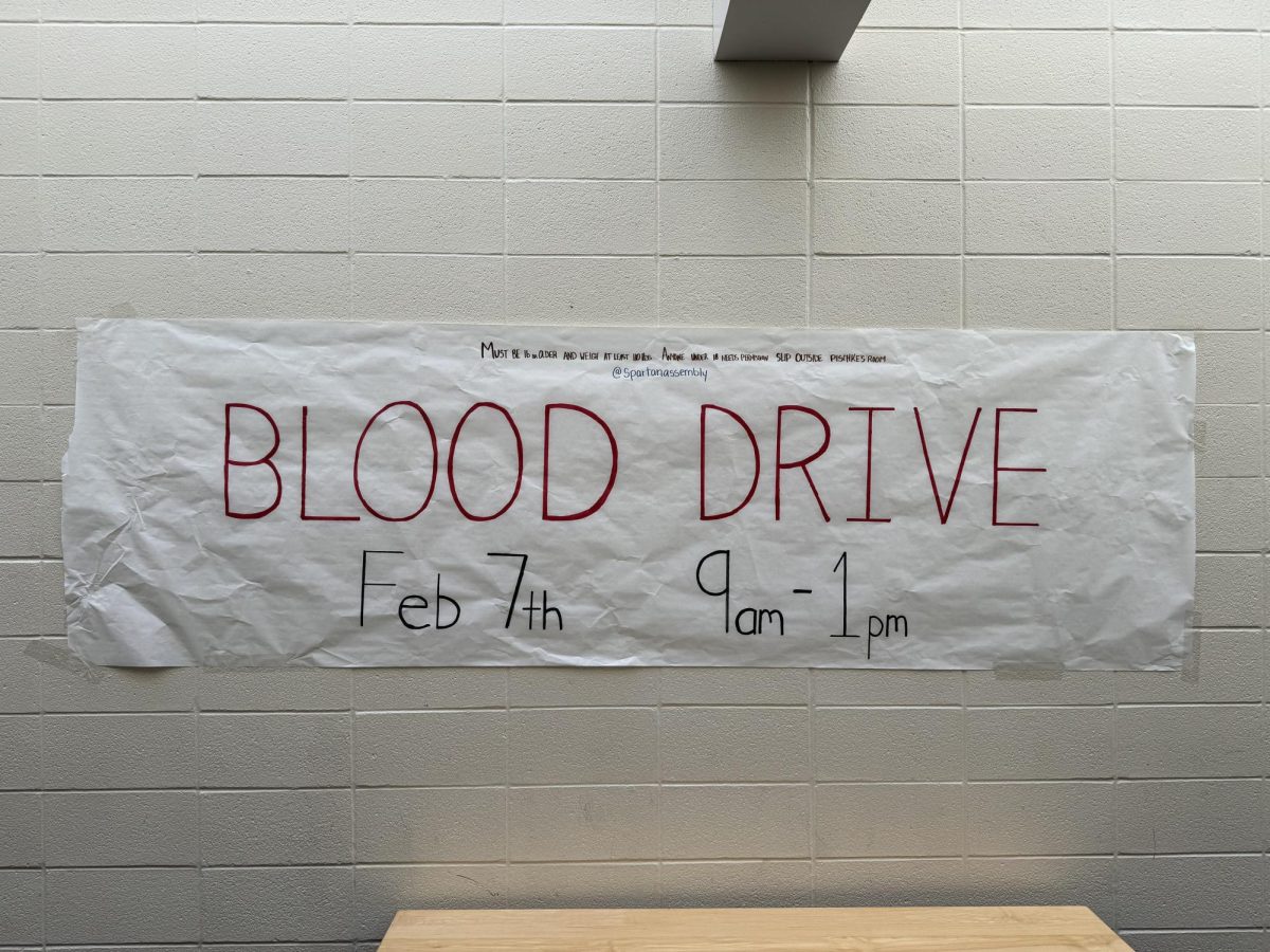 Blood Drive banner in the main hall at PVHS advertises the event to students.