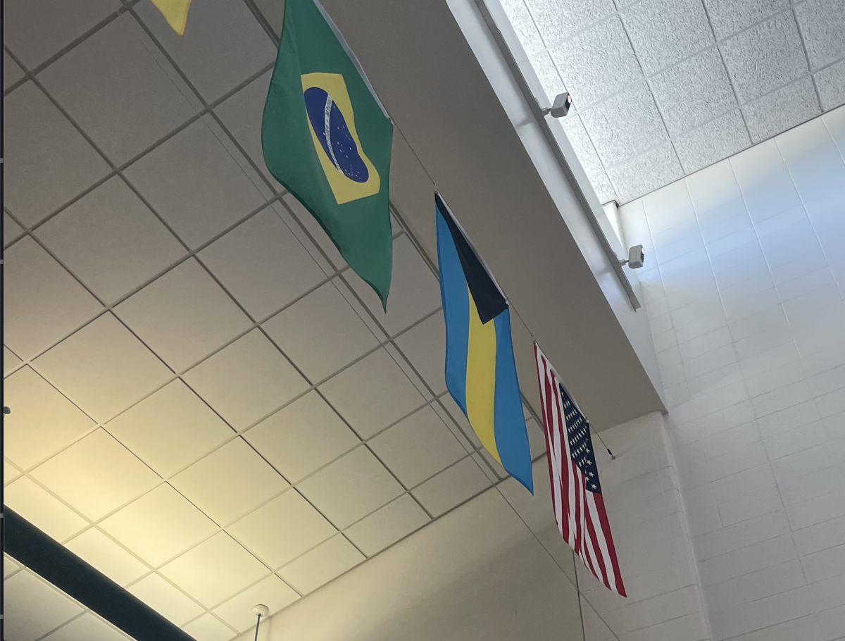 The flags hanging in the cafeteria represent the different cultures within the school.
