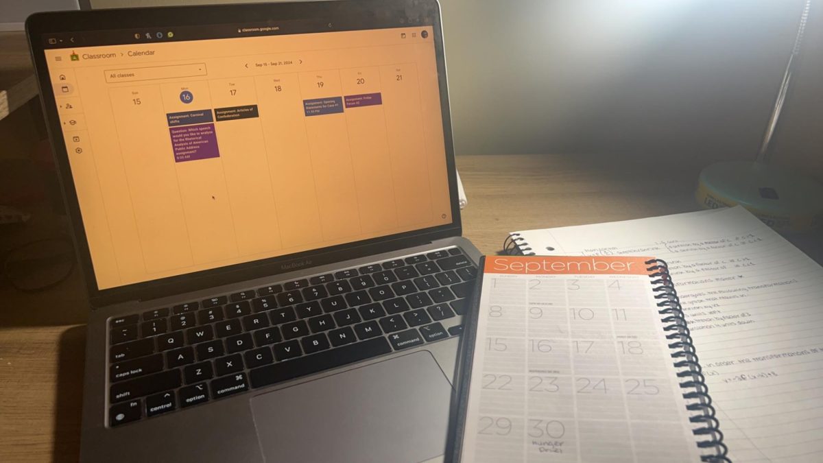 Calendar and planner used to track school work, events, and absences through the year.