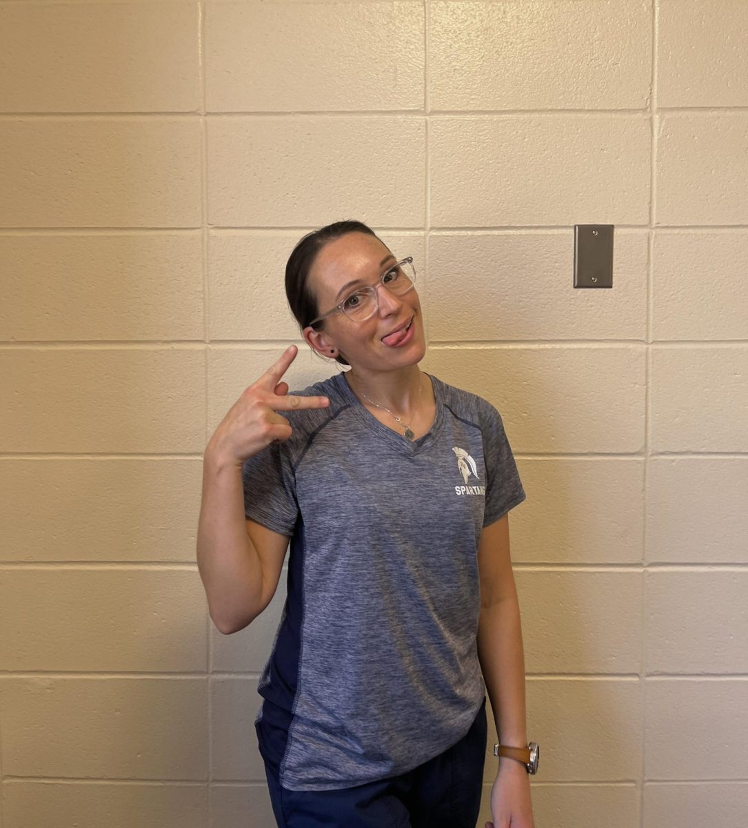 High school food service manager Stephanie Denboer posing for photo in PVHS cafeteria.