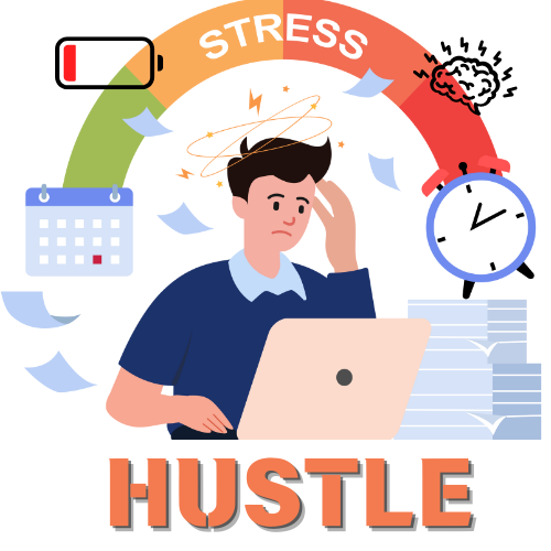 The graphic depicts a worker overwhelmed with many tasks to complete. 