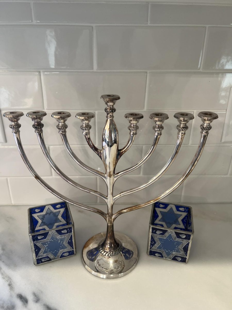 A menorah without candles in its nine candleholders. A prominent symbol of Jewish culture, the menorah is lit on each night of the eight-day Hanukkah celebration. 