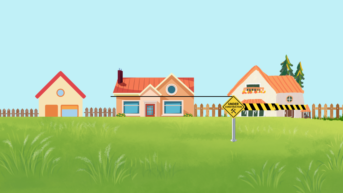 Canva creation depicting houses, showing one being under construction. 